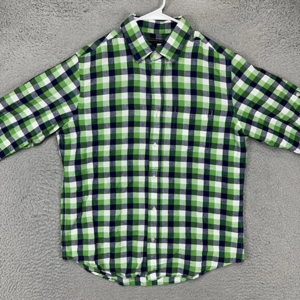 Banana Republic Linen Blend Button Up Shirt Adult Medium Green Navy Plaid Mens